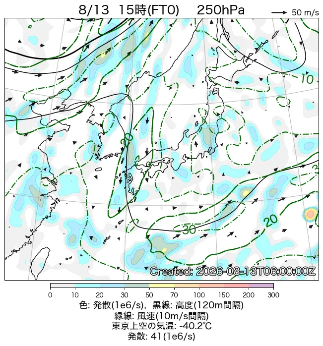 2026年8月13日の日本周辺の250hPa天気図（15時）