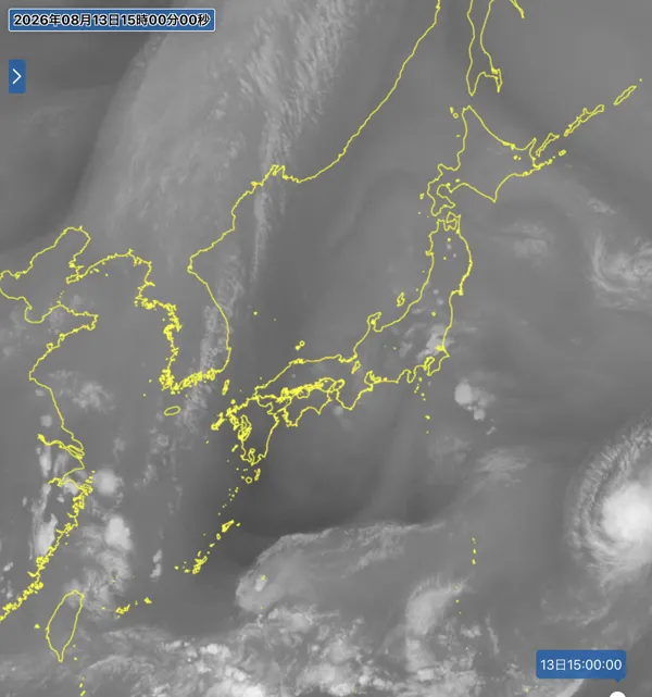 2026年8月13日15時の日本周辺の衛星水蒸気画像