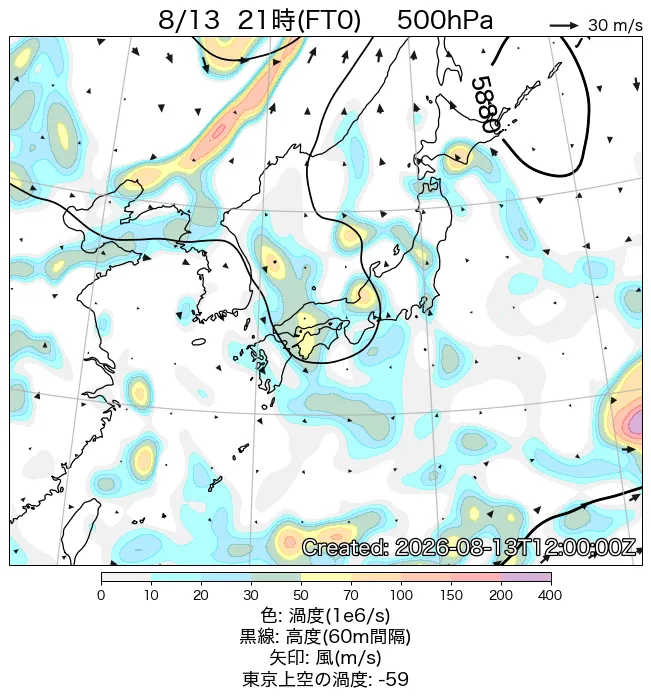 2026年8月13日の日本周辺の500hPa天気図（21時）
