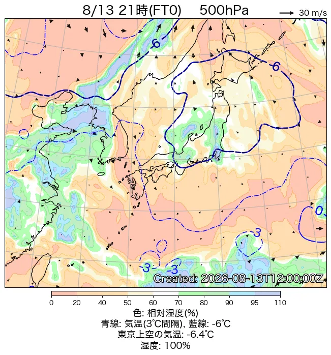 2026年8月13日の日本周辺の500hPa天気図（21時）