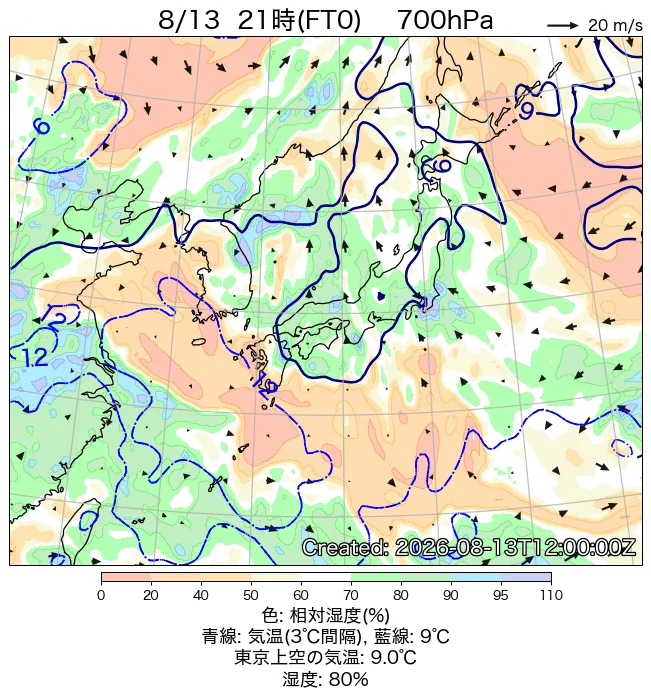 2026年8月13日の日本周辺の700hPa天気図（21時）