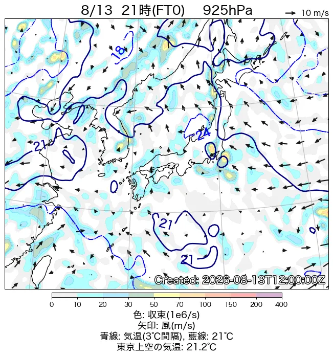 2026年8月13日の日本周辺の925hPa天気図（21時）