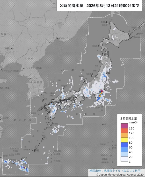 2026年8月13日18〜21時の日本周辺の3時間解析降水量
