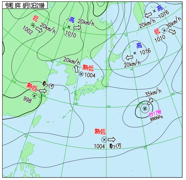 2026年8月13日21時の速報天気図