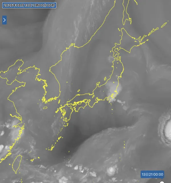 2026年8月13日21時の日本周辺の衛星水蒸気画像