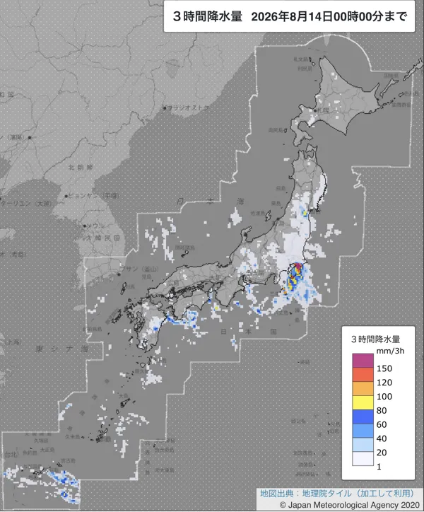 2026年8月13日21〜24時の日本周辺の3時間解析降水量