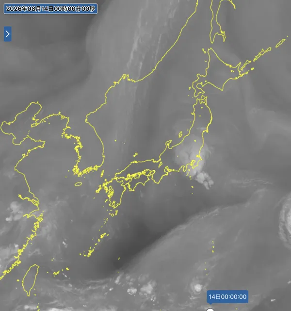 2026年8月13日24時の日本周辺の衛星水蒸気画像