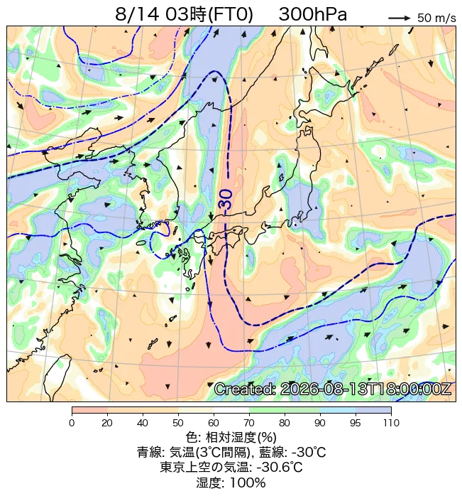 2026年8月14日の日本周辺の300hPa天気図（3時）