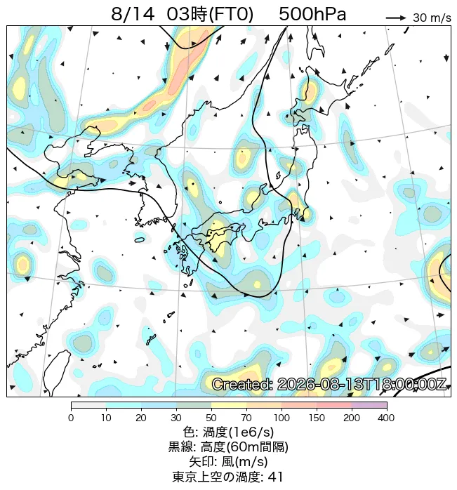 2026年8月14日の日本周辺の500hPa天気図（3時）