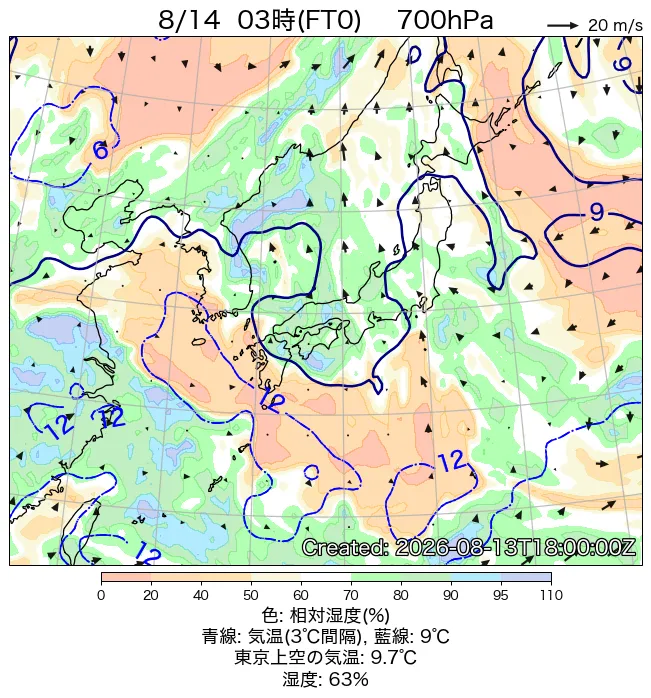 2026年8月14日の日本周辺の700hPa天気図（3時）