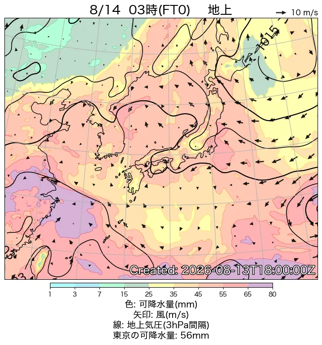 2026年8月14日の日本周辺の地上天気図（3時）