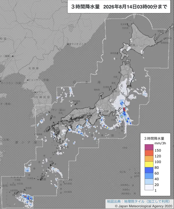 2026年8月14日0〜3時の日本周辺の3時間解析降水量