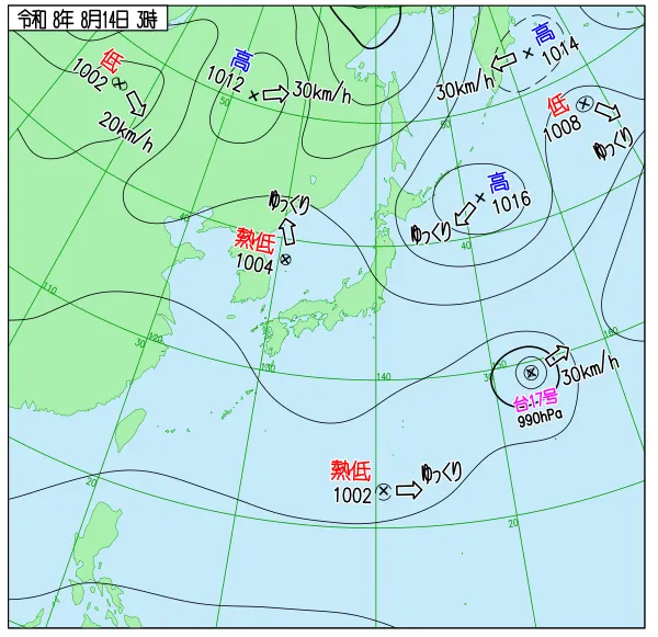 2026年8月14日3時の速報天気図