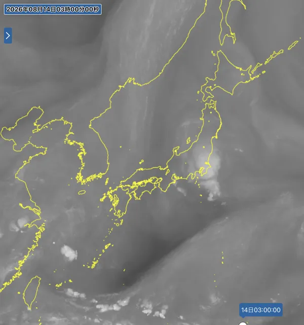 2026年8月14日3時の日本周辺の衛星水蒸気画像