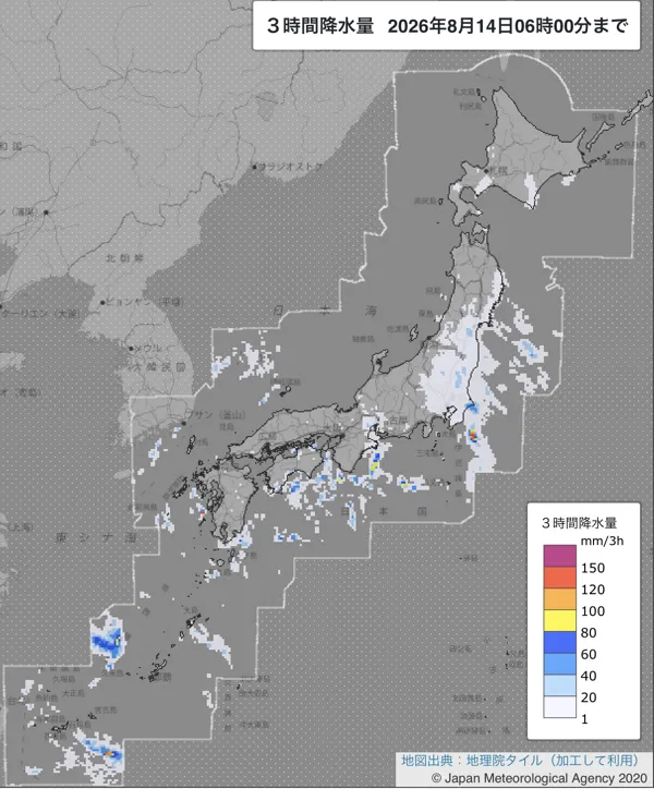 2026年8月14日3〜6時の日本周辺の3時間解析降水量