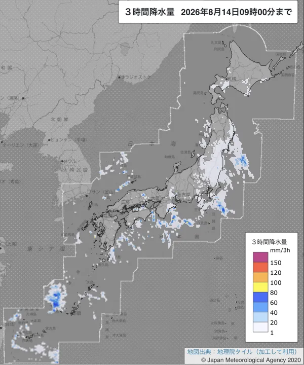 2026年8月14日6〜9時の日本周辺の3時間解析降水量