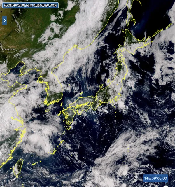 2026年8月14日9時の日本周辺の衛星可視画像