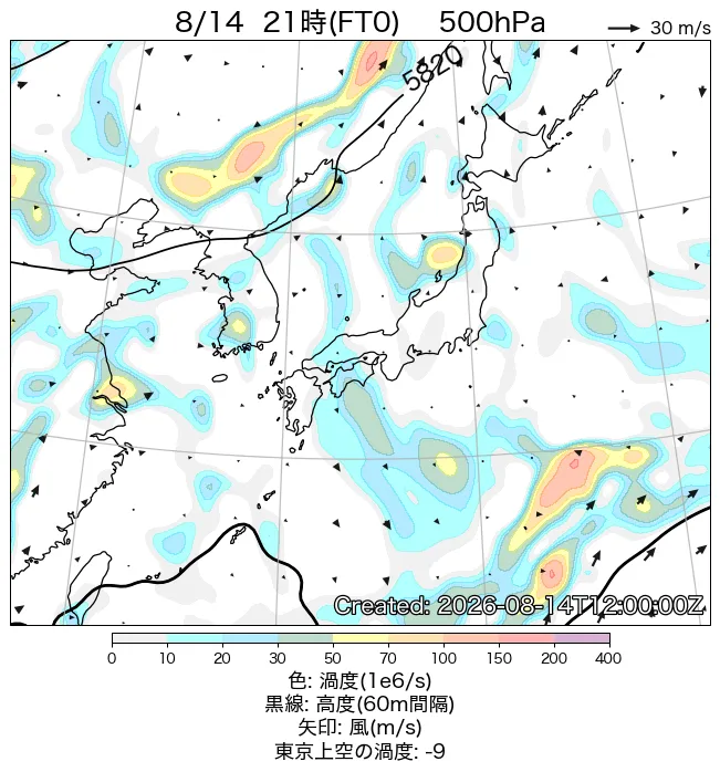 2026年8月14日の日本周辺の500hPa天気図（21時）