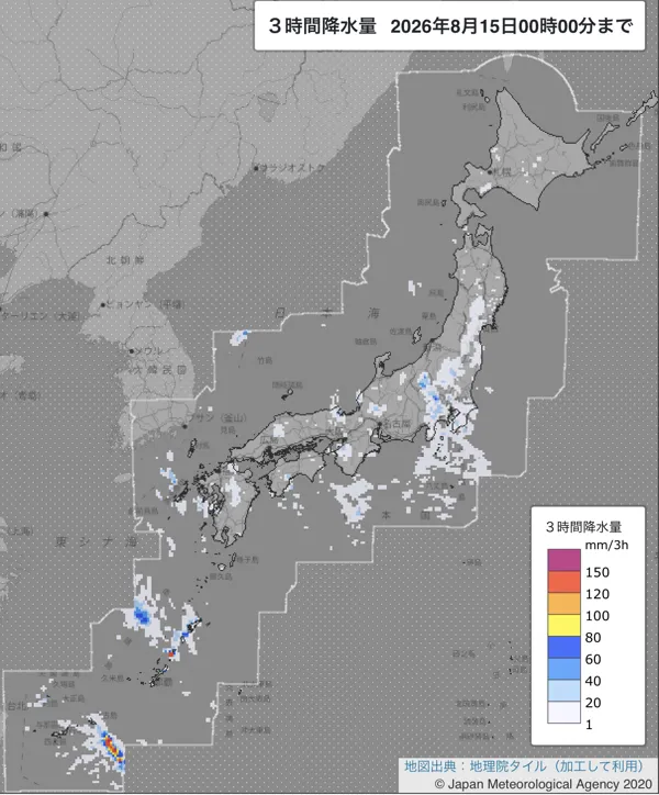 2026年8月14日21〜24時の日本周辺の3時間解析降水量