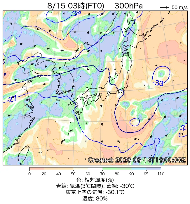 2026年8月15日の日本周辺の300hPa天気図（3時）