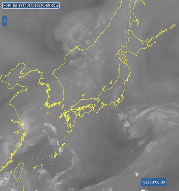 2026年8月15日3時の日本周辺の衛星水蒸気画像