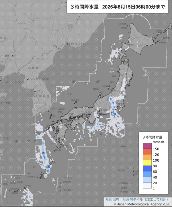 2026年8月15日3〜6時の日本周辺の3時間解析降水量