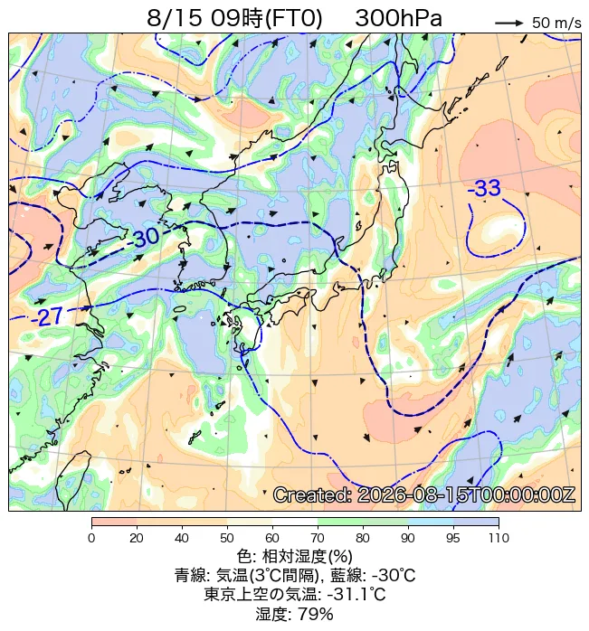 2026年8月15日の日本周辺の300hPa天気図（9時）