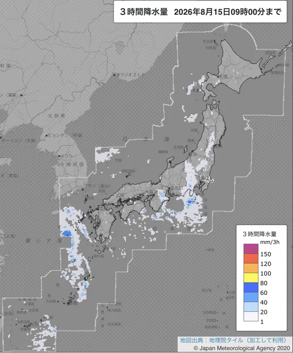 2026年8月15日6〜9時の日本周辺の3時間解析降水量