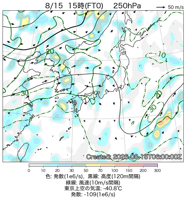 2026年8月15日の日本周辺の250hPa天気図（15時）