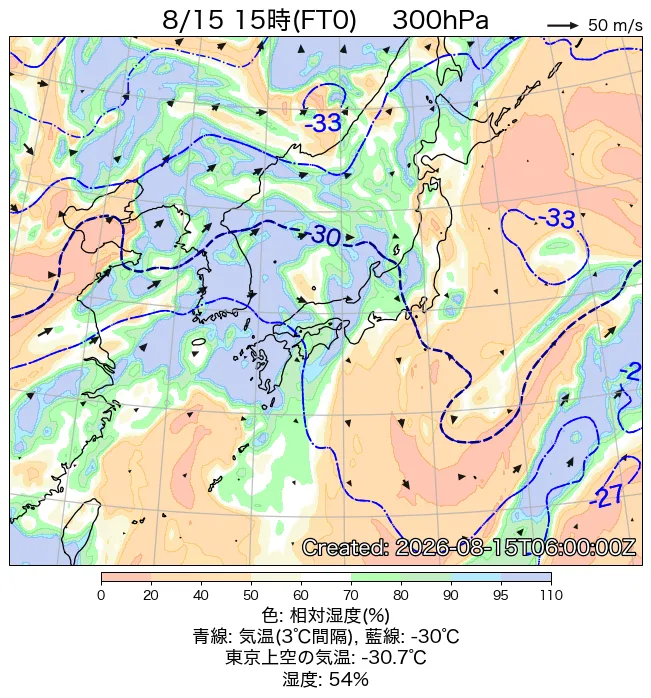 2026年8月15日の日本周辺の300hPa天気図（15時）