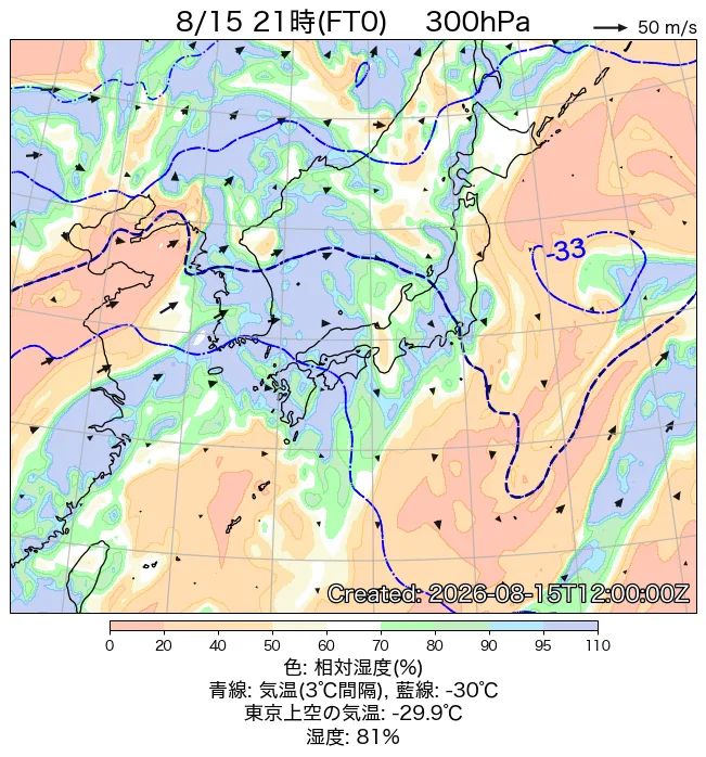 2026年8月15日の日本周辺の300hPa天気図（21時）