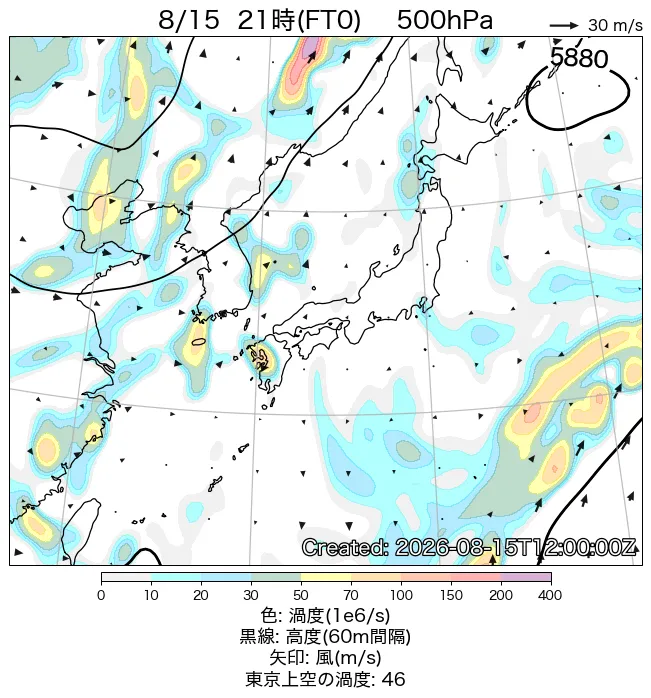 2026年8月15日の日本周辺の500hPa天気図（21時）