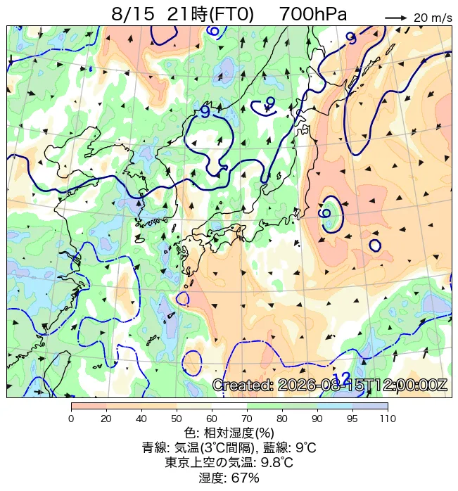 2026年8月15日の日本周辺の700hPa天気図（21時）