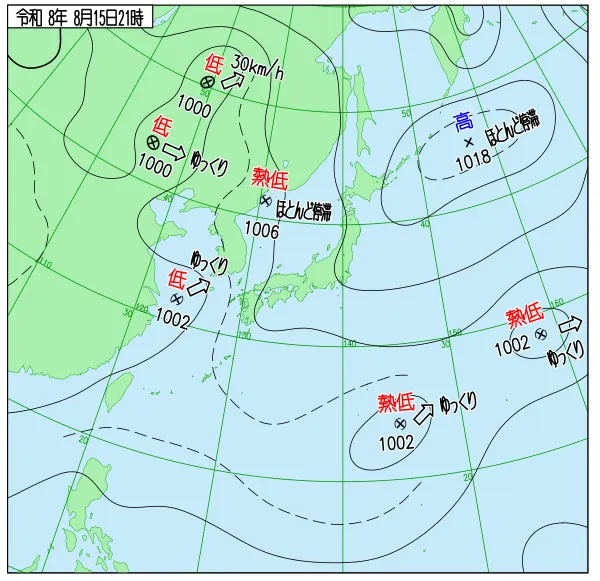2026年8月15日21時の速報天気図