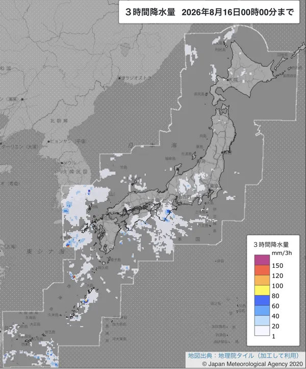 2026年8月15日21〜24時の日本周辺の3時間解析降水量