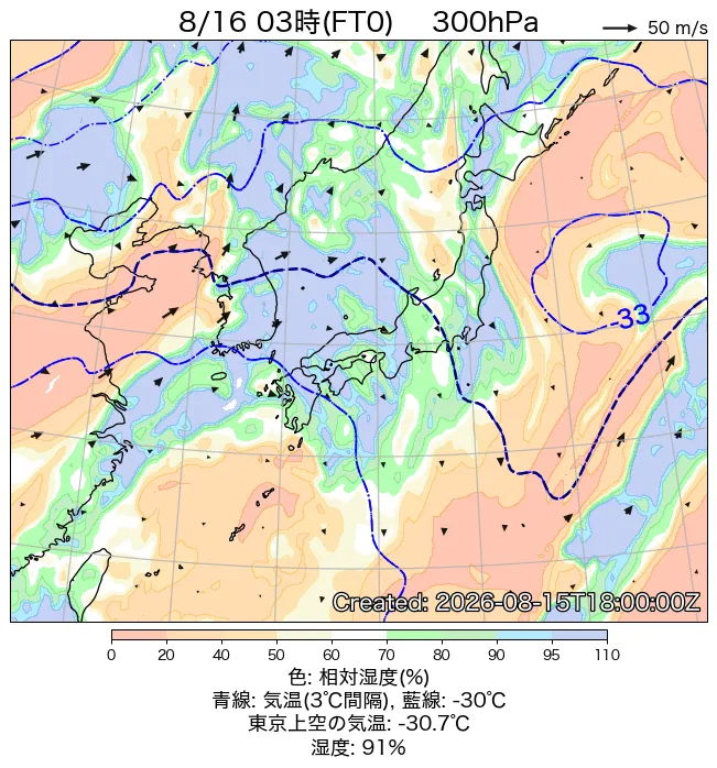 2026年8月16日の日本周辺の300hPa天気図（3時）