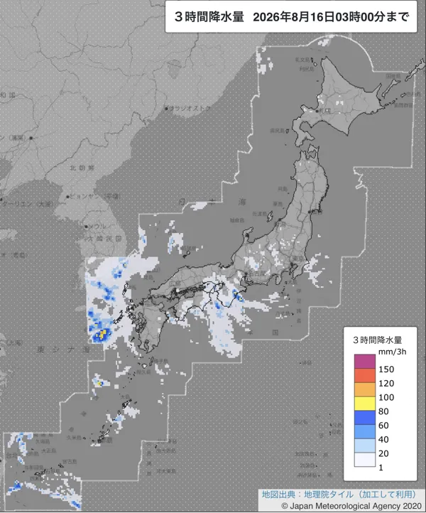 2026年8月16日0〜3時の日本周辺の3時間解析降水量