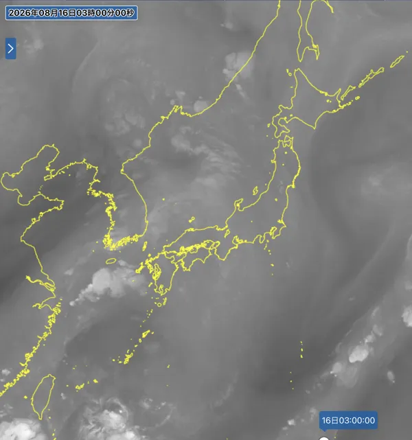 2026年8月16日3時の日本周辺の衛星水蒸気画像