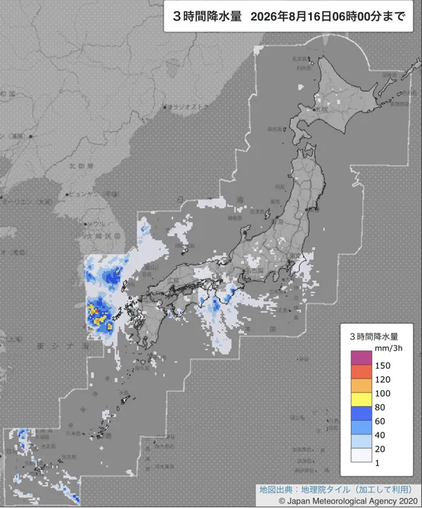 2026年8月16日3〜6時の日本周辺の3時間解析降水量