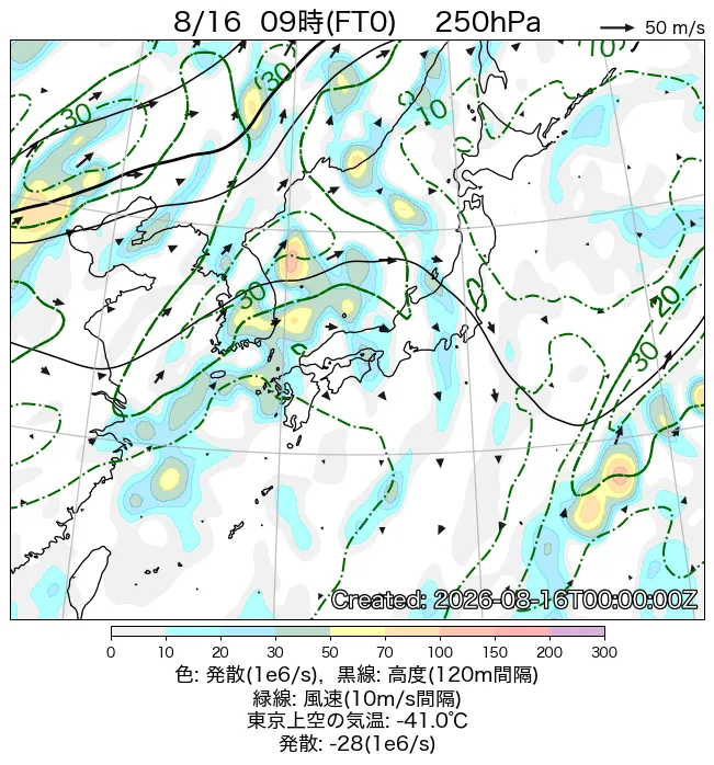 2026年8月16日の日本周辺の250hPa天気図（9時）