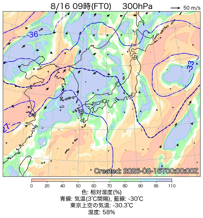 2026年8月16日の日本周辺の300hPa天気図（9時）
