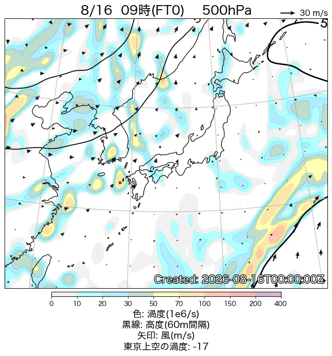 2026年8月16日の日本周辺の500hPa天気図（9時）