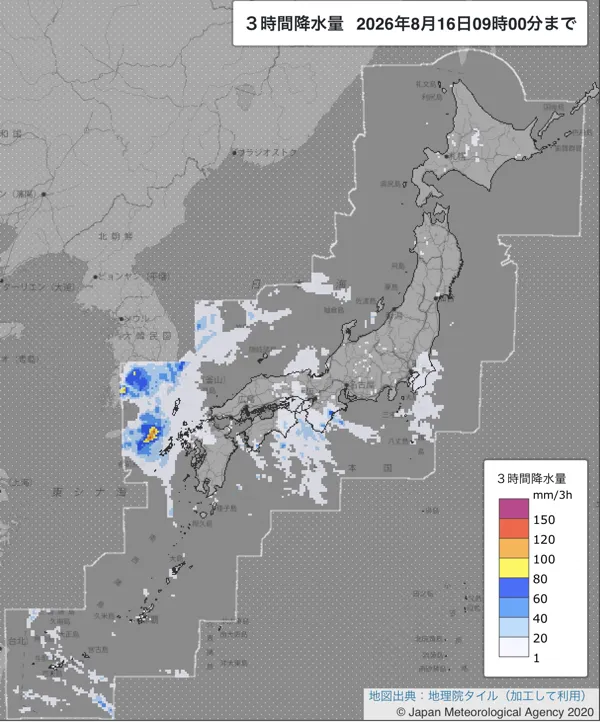 2026年8月16日6〜9時の日本周辺の3時間解析降水量