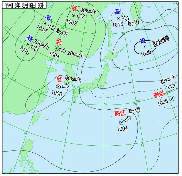 2026年8月16日9時の速報天気図