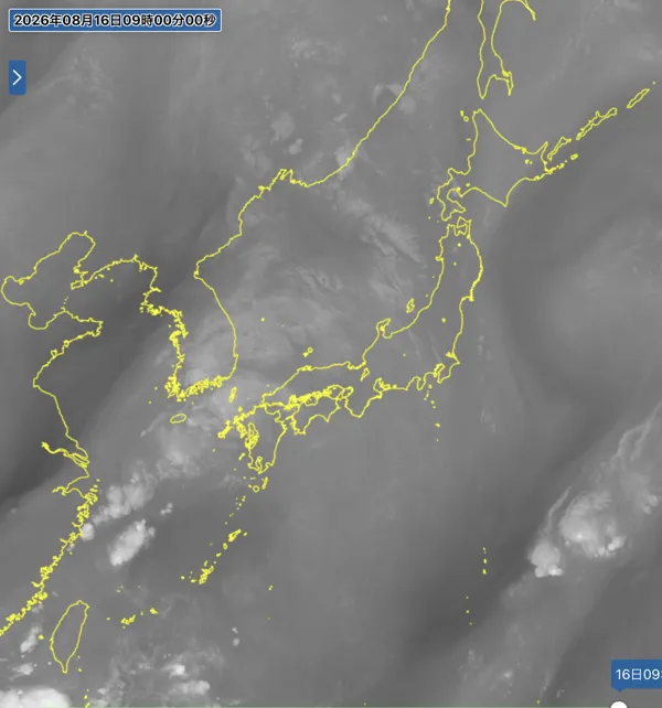 2026年8月16日9時の日本周辺の衛星水蒸気画像