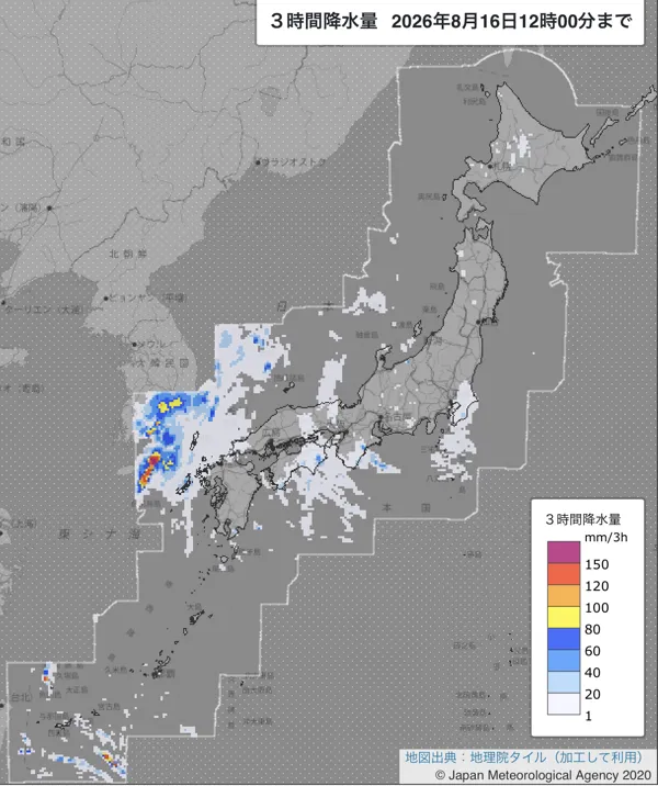 2026年8月16日9〜12時の日本周辺の3時間解析降水量