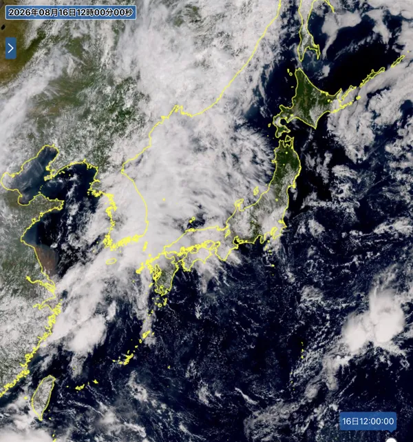 2026年8月16日12時の日本周辺の衛星可視画像