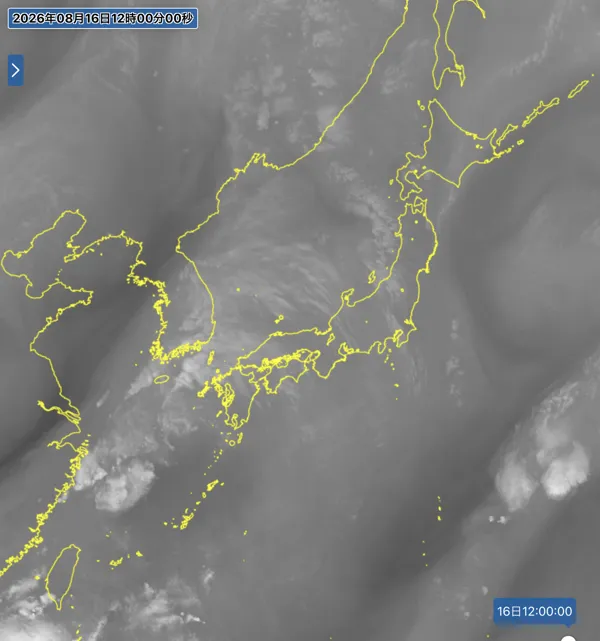 2026年8月16日12時の日本周辺の衛星水蒸気画像