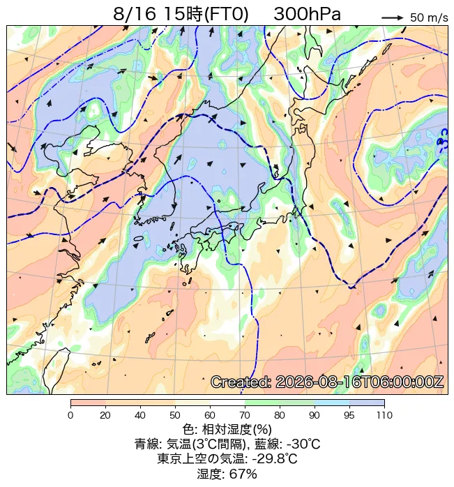 2026年8月16日の日本周辺の300hPa天気図（15時）