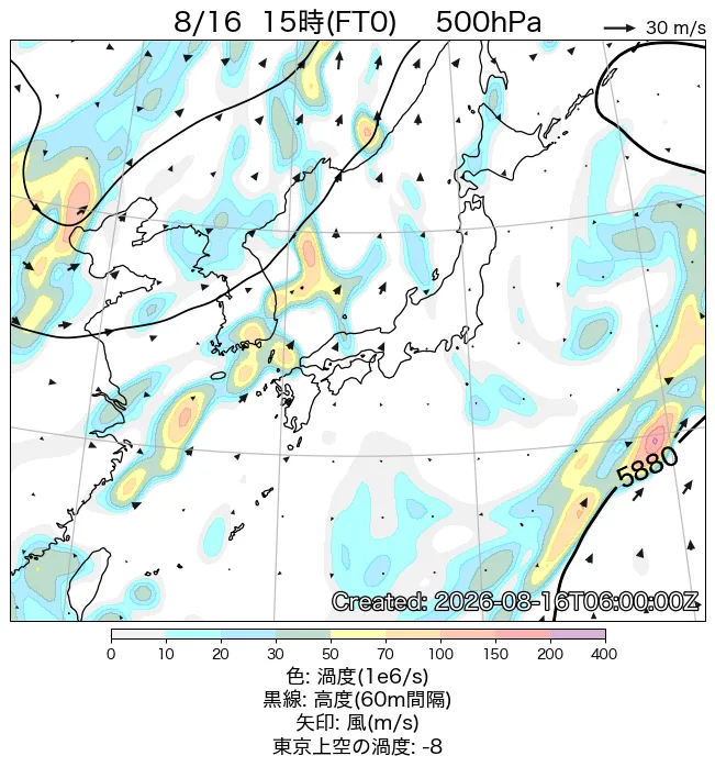 2026年8月16日の日本周辺の500hPa天気図（15時）